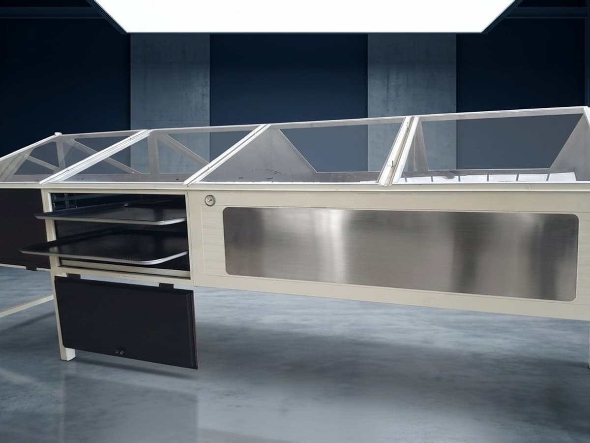 Drying system — side view, glass roof and tray slots