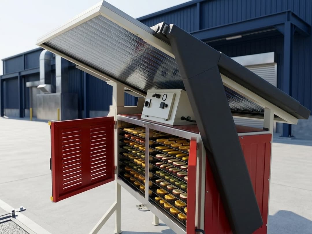 The hybrid drying oven is operating with the lid open, filled with 24 trays of sliced fruit