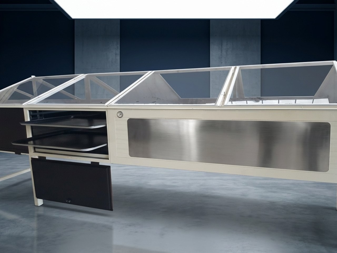 Drying system — side view, glass roof and tray slots